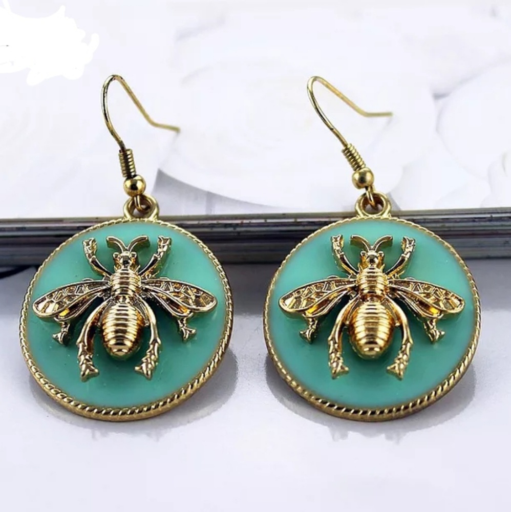 Bumble Bee Gold & Green Round Drop Earrings